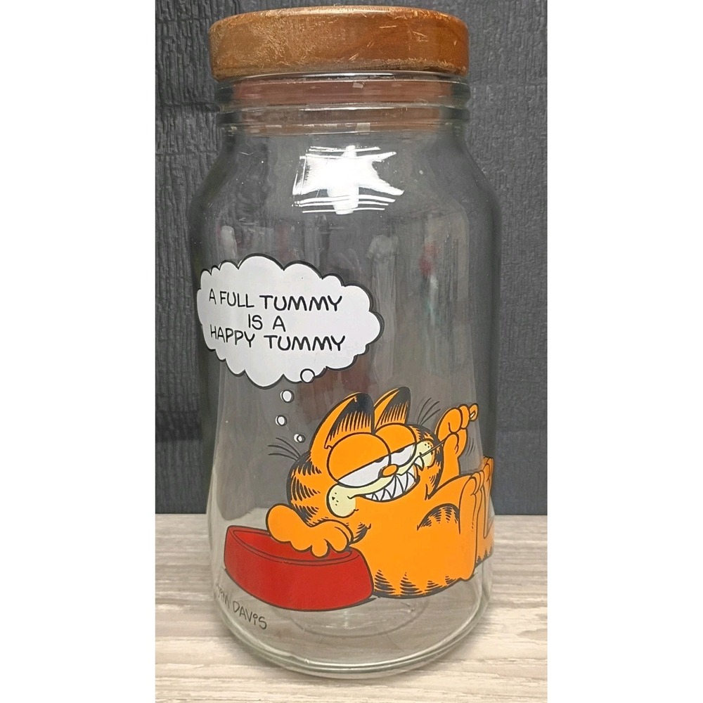 Vtg 1978 Garfield "A Full Tummy is a Happy Tummy" Glass Jar Canister & Wood Lid